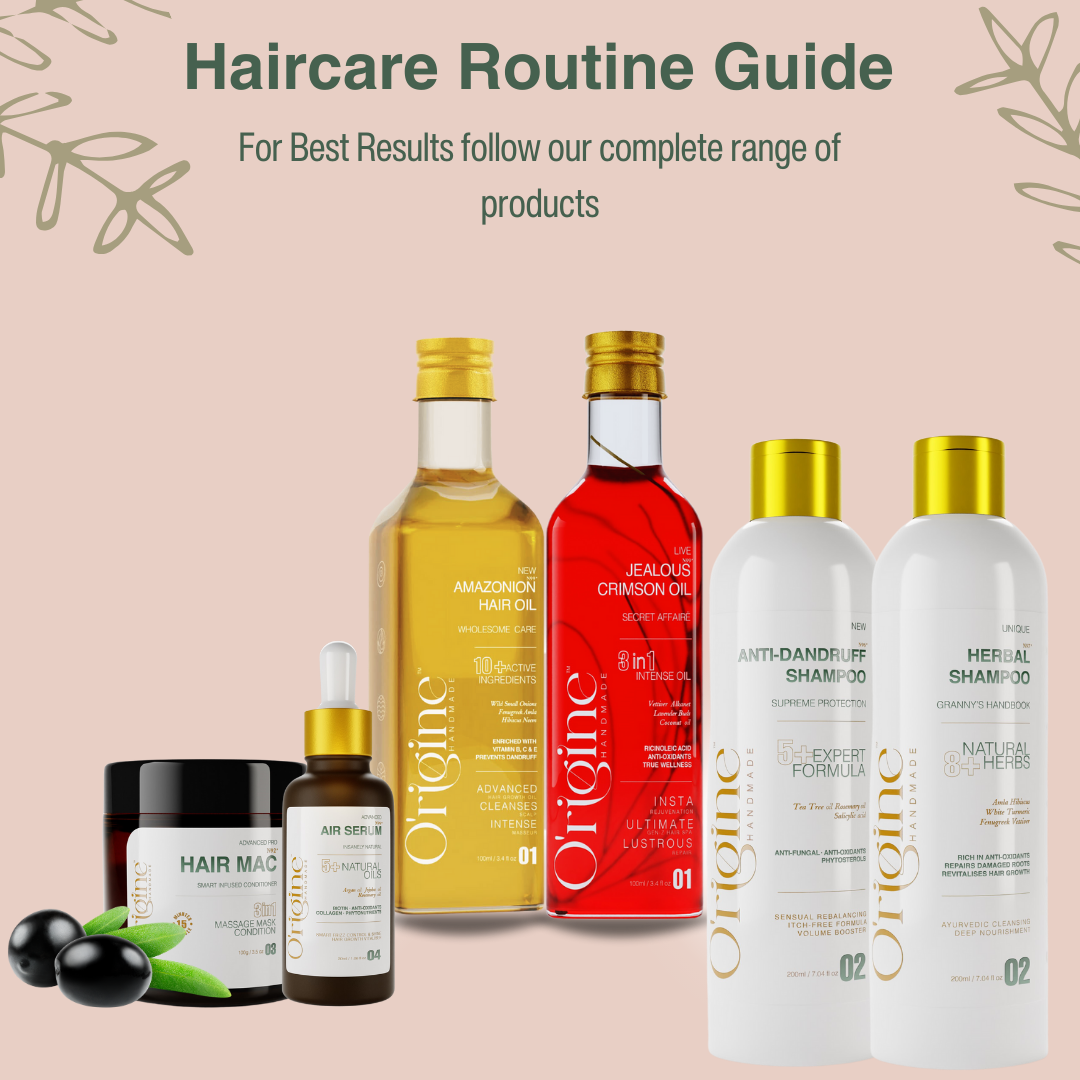 image of origine haircare routine guide with all products fancy banner light background